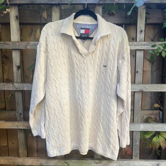 Vintage Tommy Hilfiger Cable Knit Polo Sweater Cream Preppy Classic - Picture 1 of 3